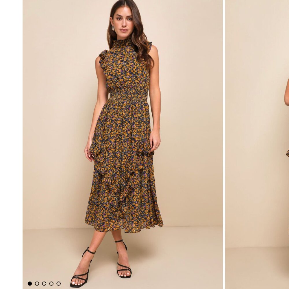 Evalina Mustard Yellow Floral Print Mock Neck Midi Dress Size S
